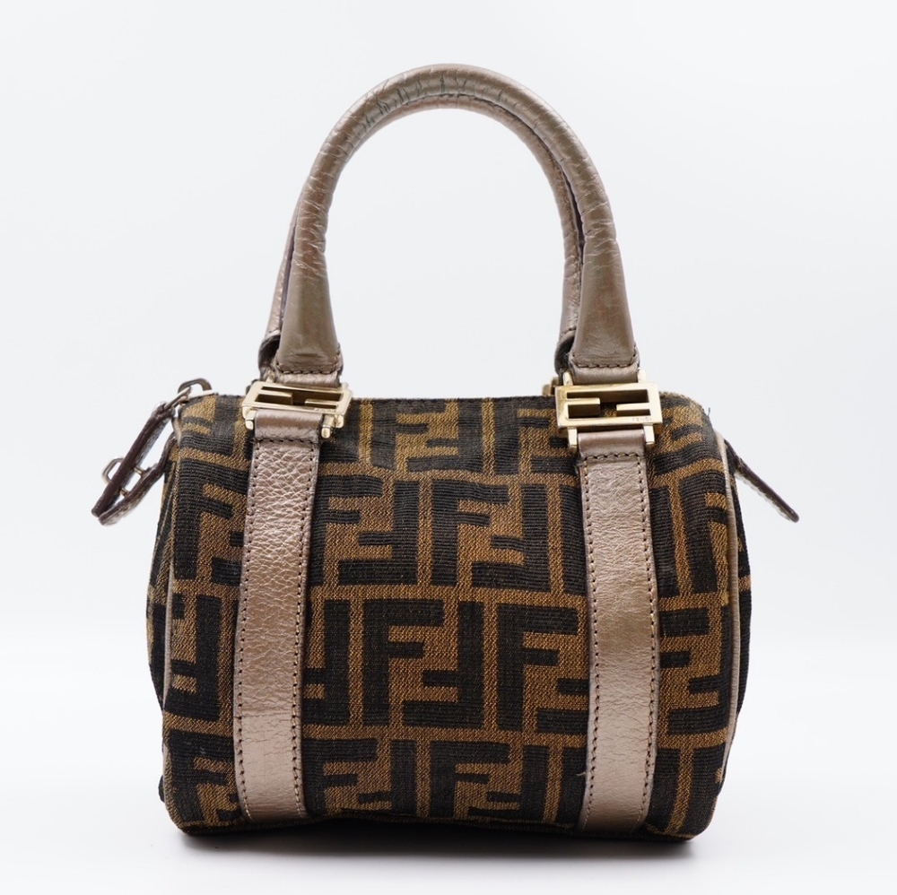 FENDI Zucchino Vitello Mini Boston Mogano Panna Bruciato